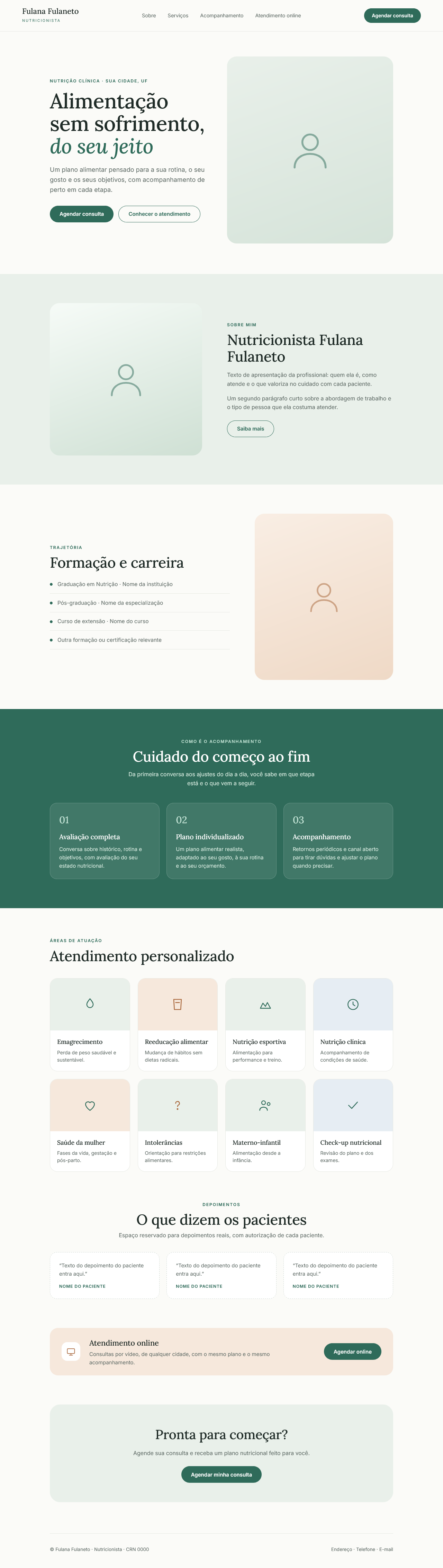 Modelo de site para nutricionista, rolando da primeira à última seção